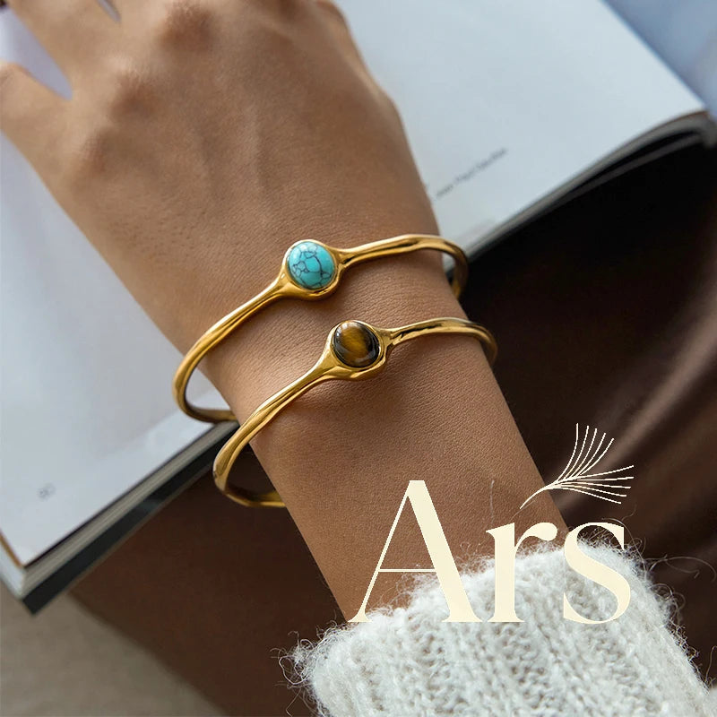 Brazalette de piedra Marron Tierra / Turques Oceano Chapado  en Oro 18k