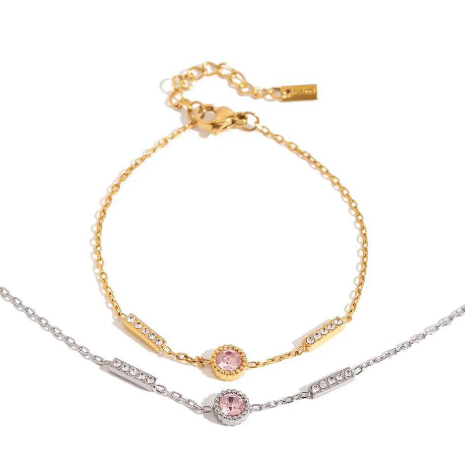 Pulsera de Circonita Rosa Chapado en Oro 18k y Stail Steel